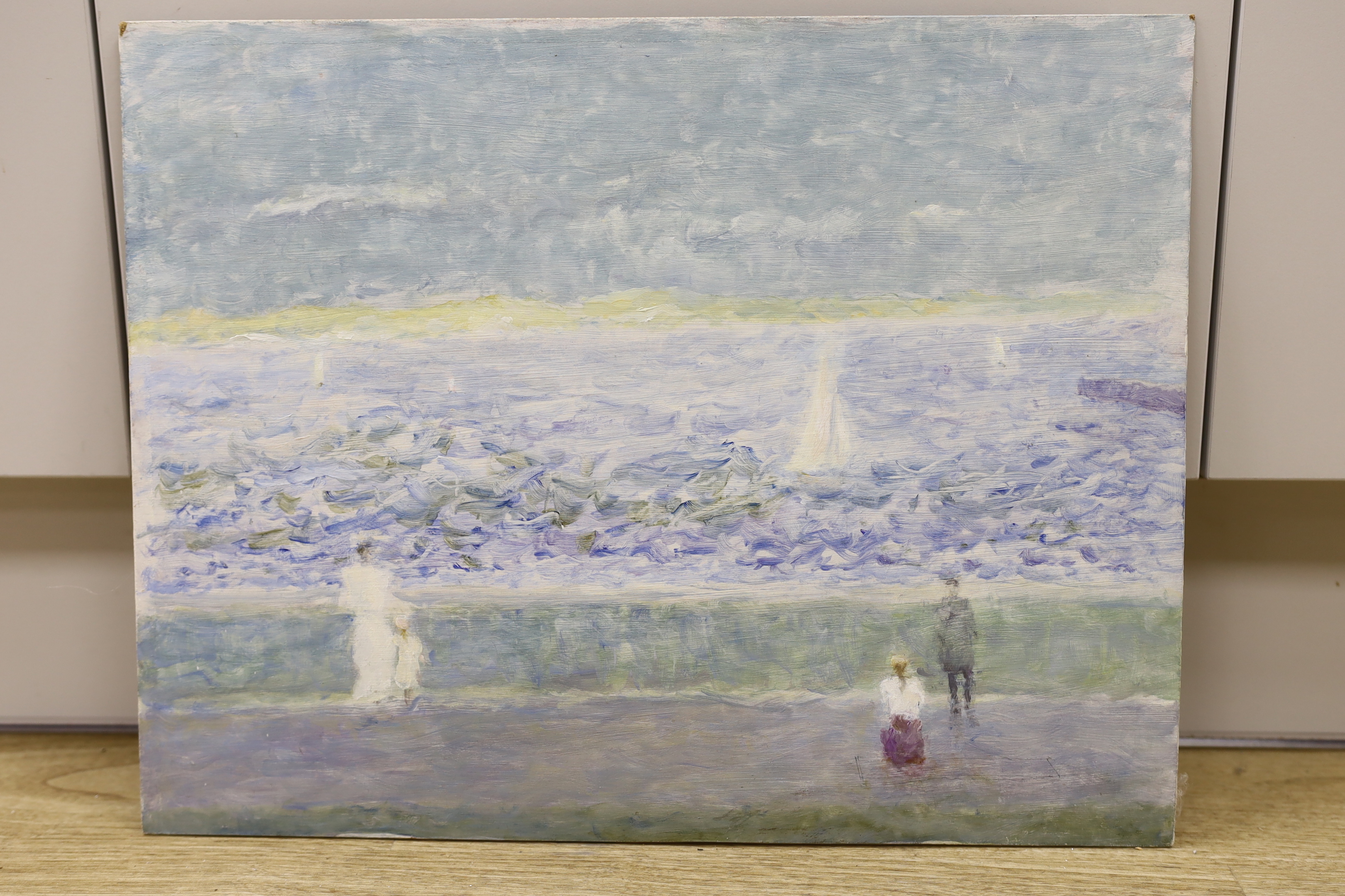 Modern British, oil on board, Figures on the coast, 37 x 47cm, unframed